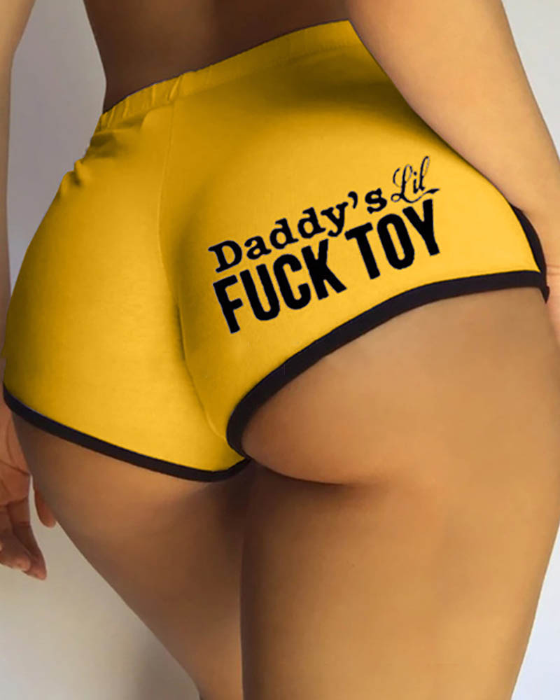 

Letter Slogan Print Contrast Binding Workout Shorts, Yellow