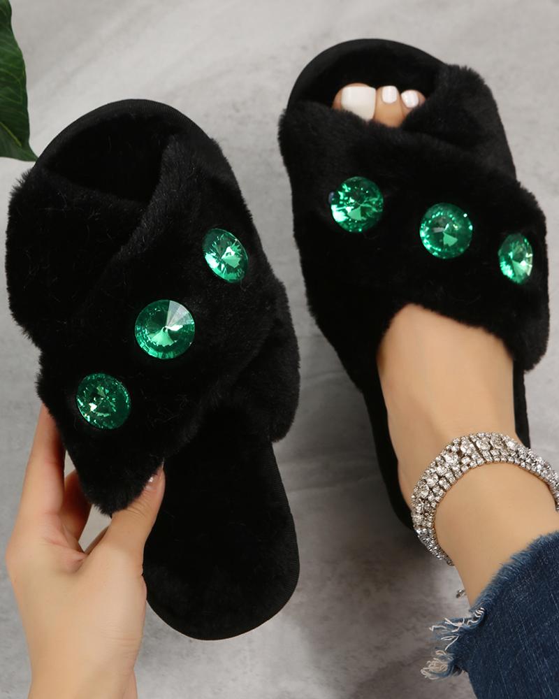 

Cross Strap Crystal Gem Stone Fuzzy Slippers, Black