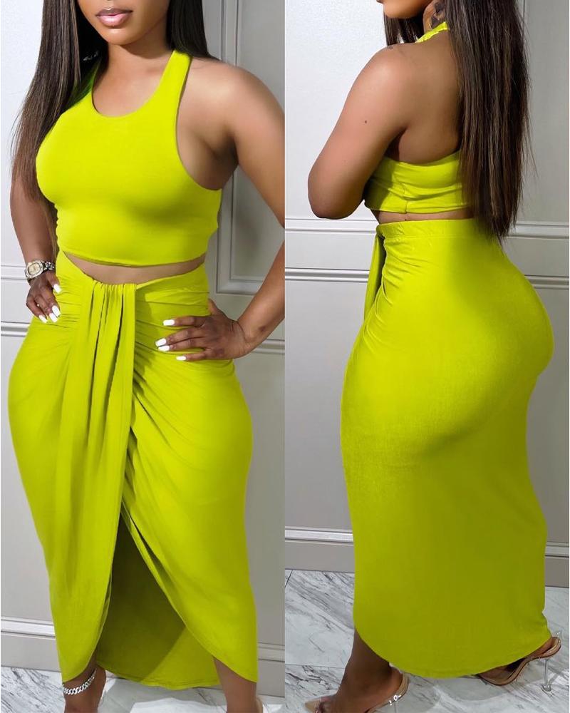 

Halter Backless Crop Top & Ruched Slit Skirt Set, Yellow