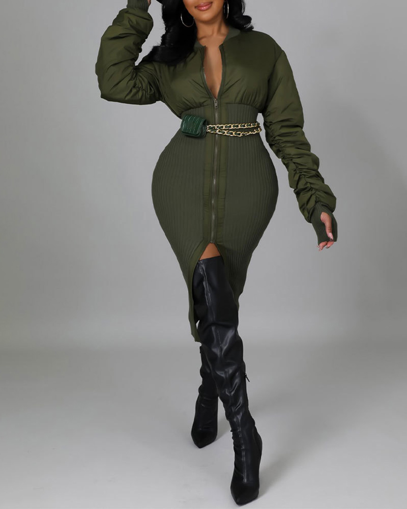 

Zipper Design Long Sleeve Ruched Casual Dress, Green