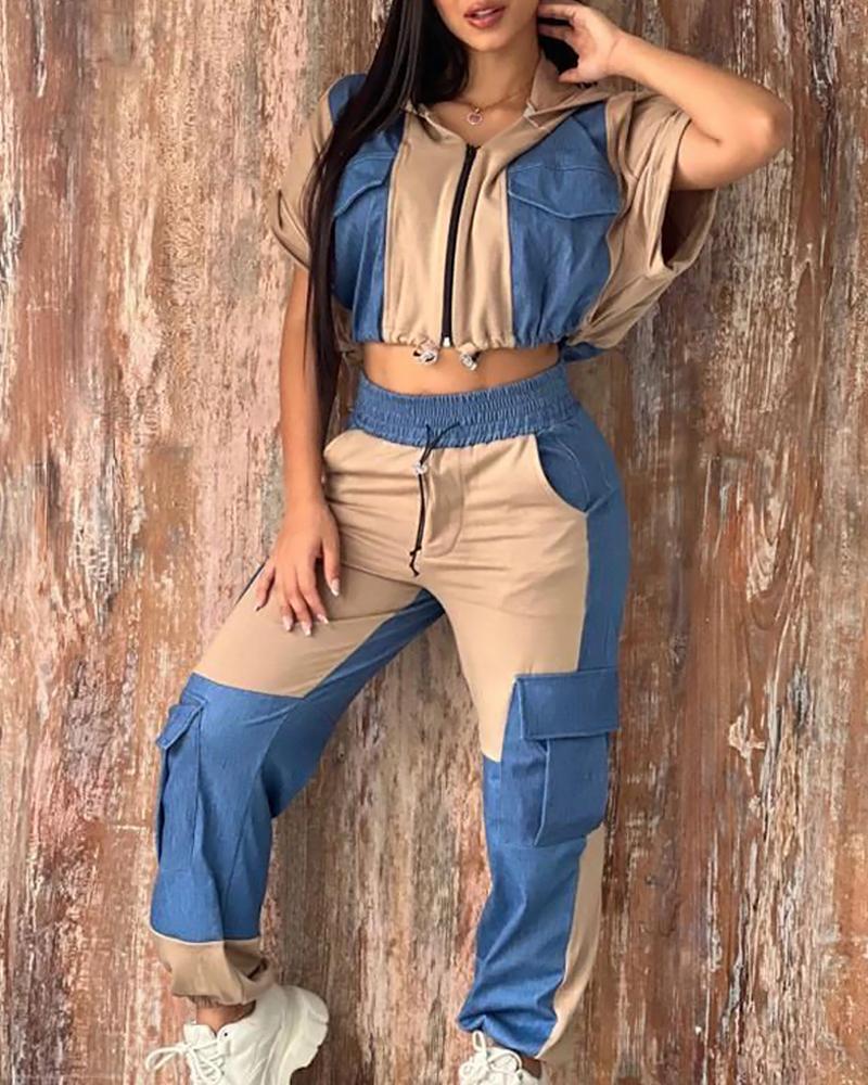 

Colorblock Patchwork Crop Top & Pants Set, Khaki