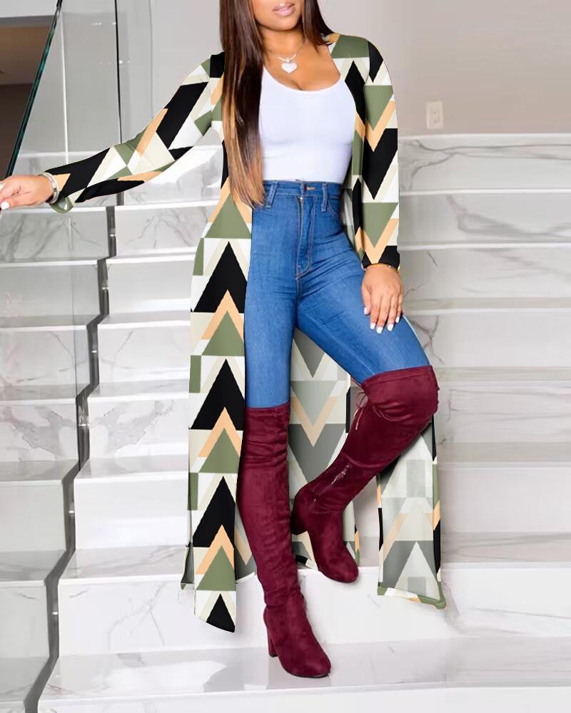 

Geometric Print Casual Longline Coat, Green