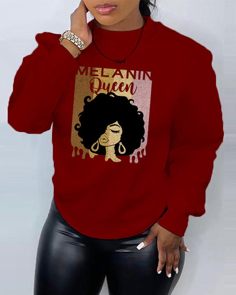 

Plus Size Figure Letter Print Long Sleeve Sweatshirt, Wine red
