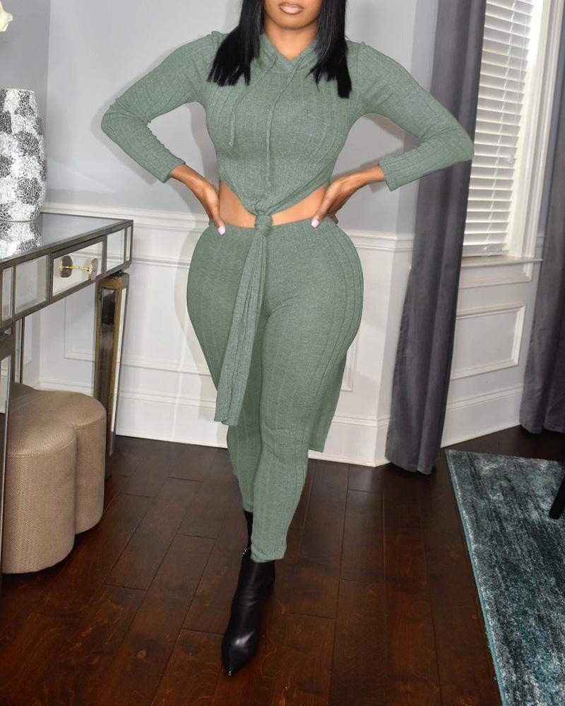 

Ribbed Long Sleeve Split Hem Hooded Top & Pants Set, Green
