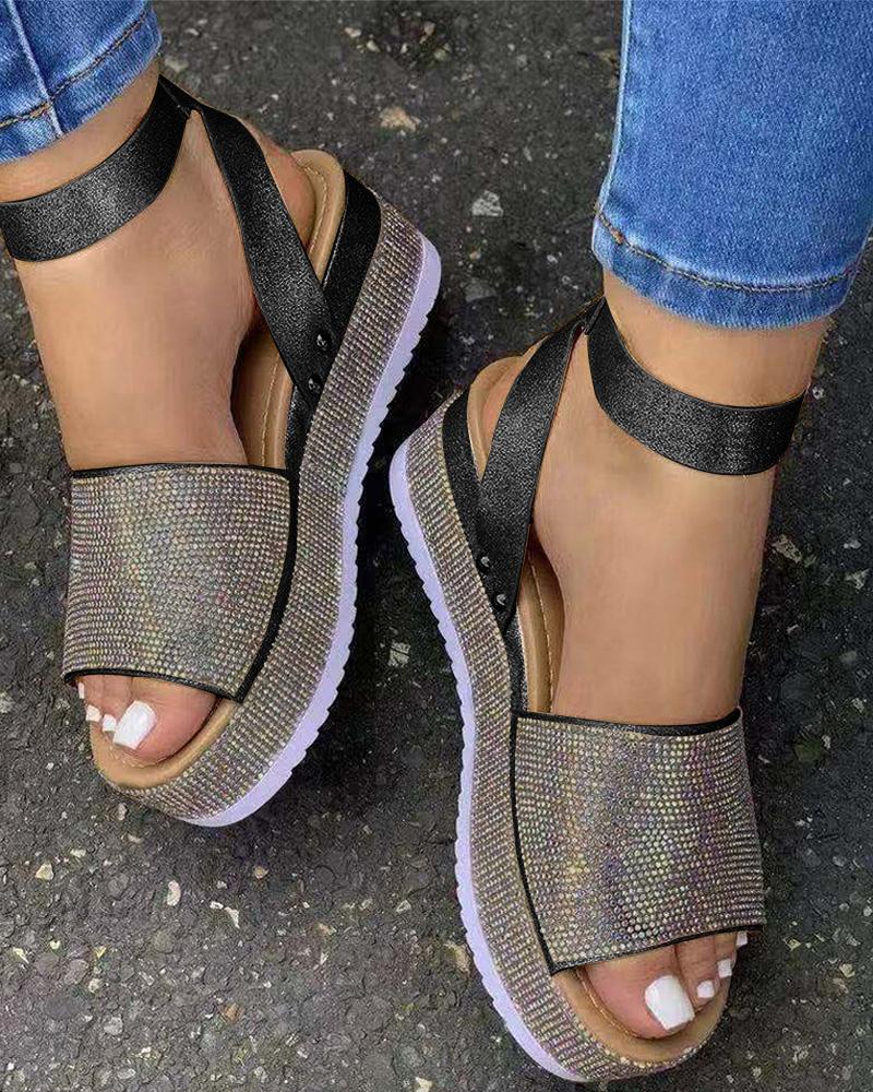 

Allover Print Ankle Strap Flat Sandals, Black