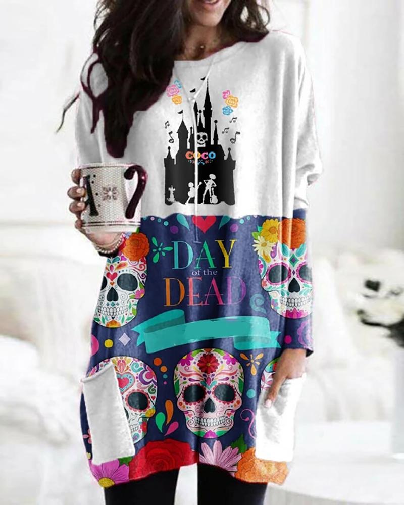 

Halloween Colorblock Skull Print Long Sleeve Top, Blue