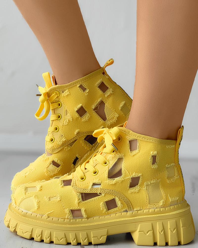 

Eyelet Lace-up Mesh Patch Denim Boots, Yellow