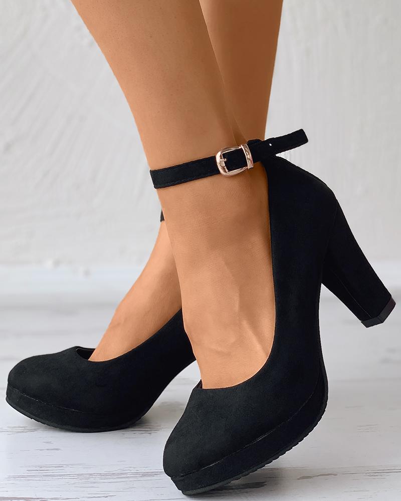 

Suede Ankle Strap Chunky Heels, Black
