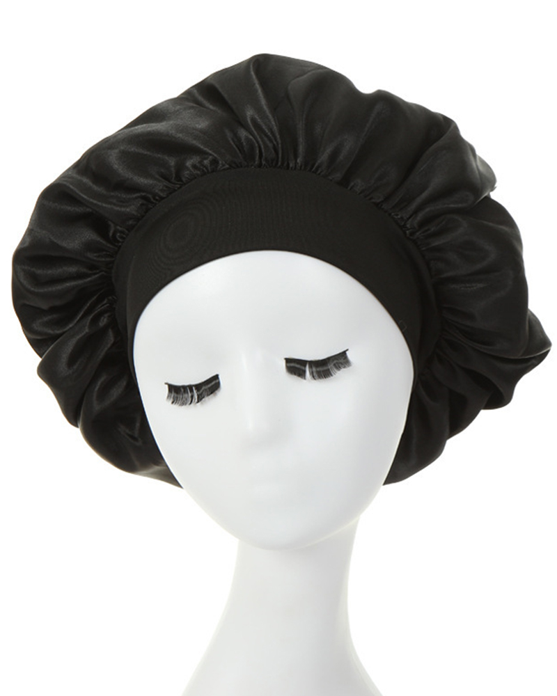 

1pc Night Sleep Cap Wide Band Satin Bonnet For Curly Hair Care, Black