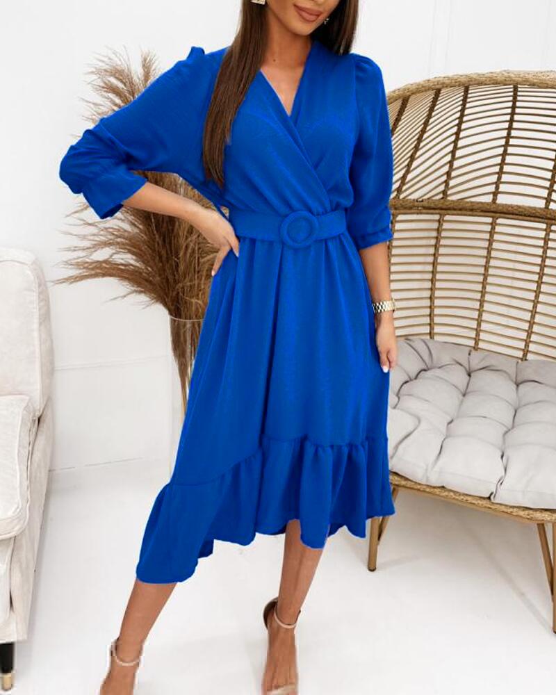 

Puff Sleeve Ruffle Hem Belted Wrap Dress, Blue