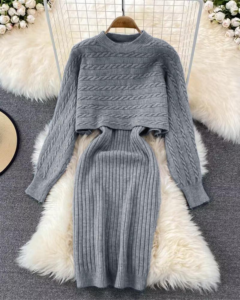 

Cable Knit Long Sleeve Sweater & Sleeveless Casual Dress, Gray