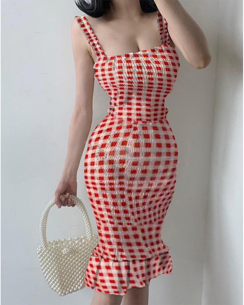 

Plaid Print Thick Strap Ruffle Hem Dress, Red