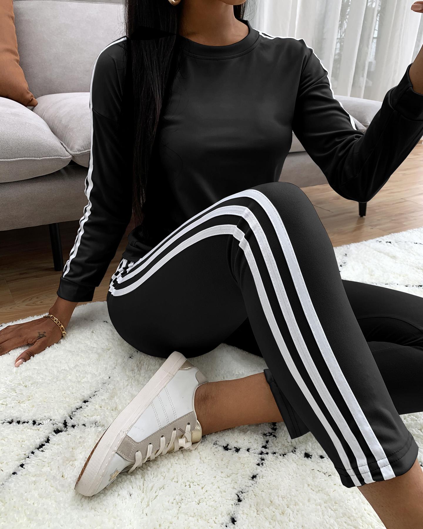 

Striped Tape Long Sleeve Top & Pants Set, Black