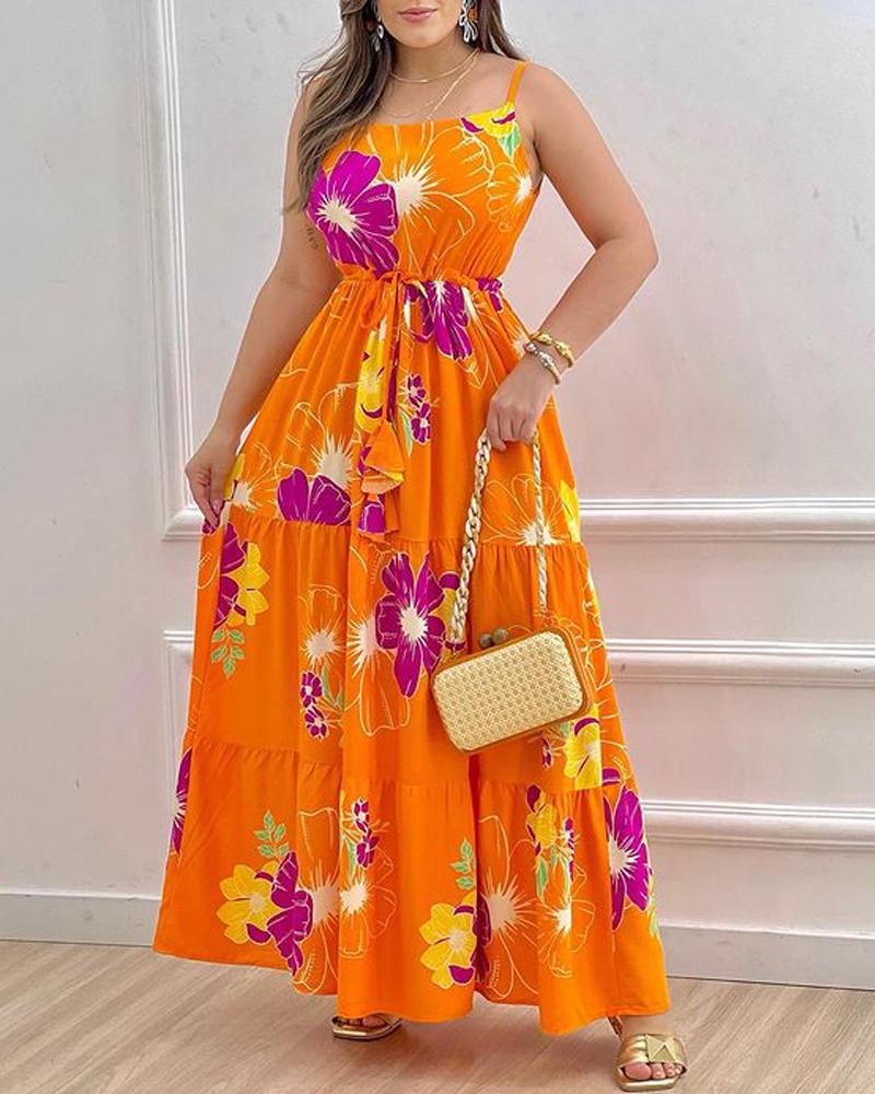 

Floral Print Spaghetti Strap Maxi Dress, Orange