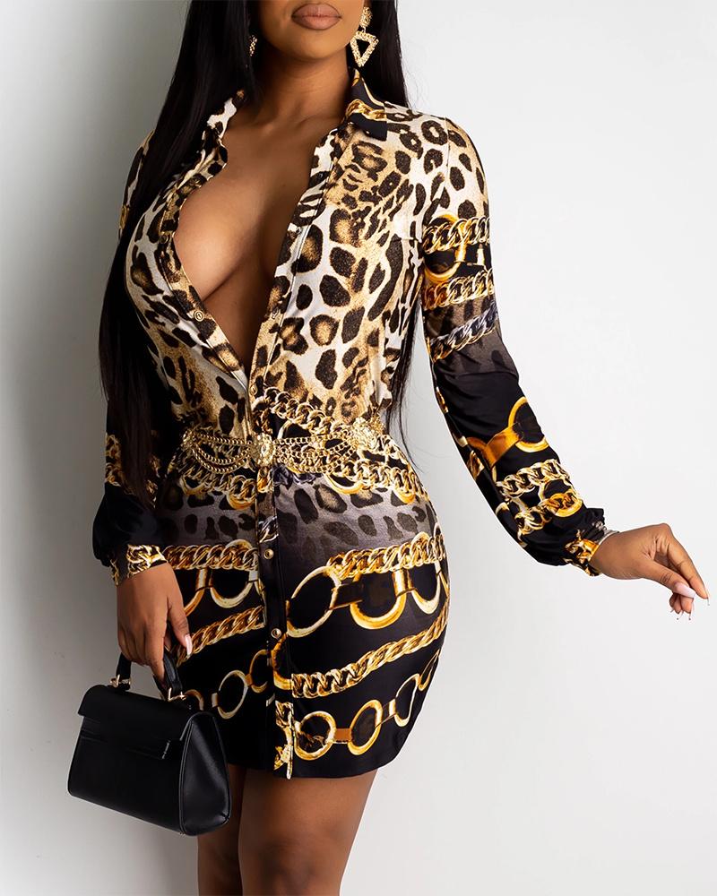 

Cheetah Chain Print Buttoned Top With Belt, Black