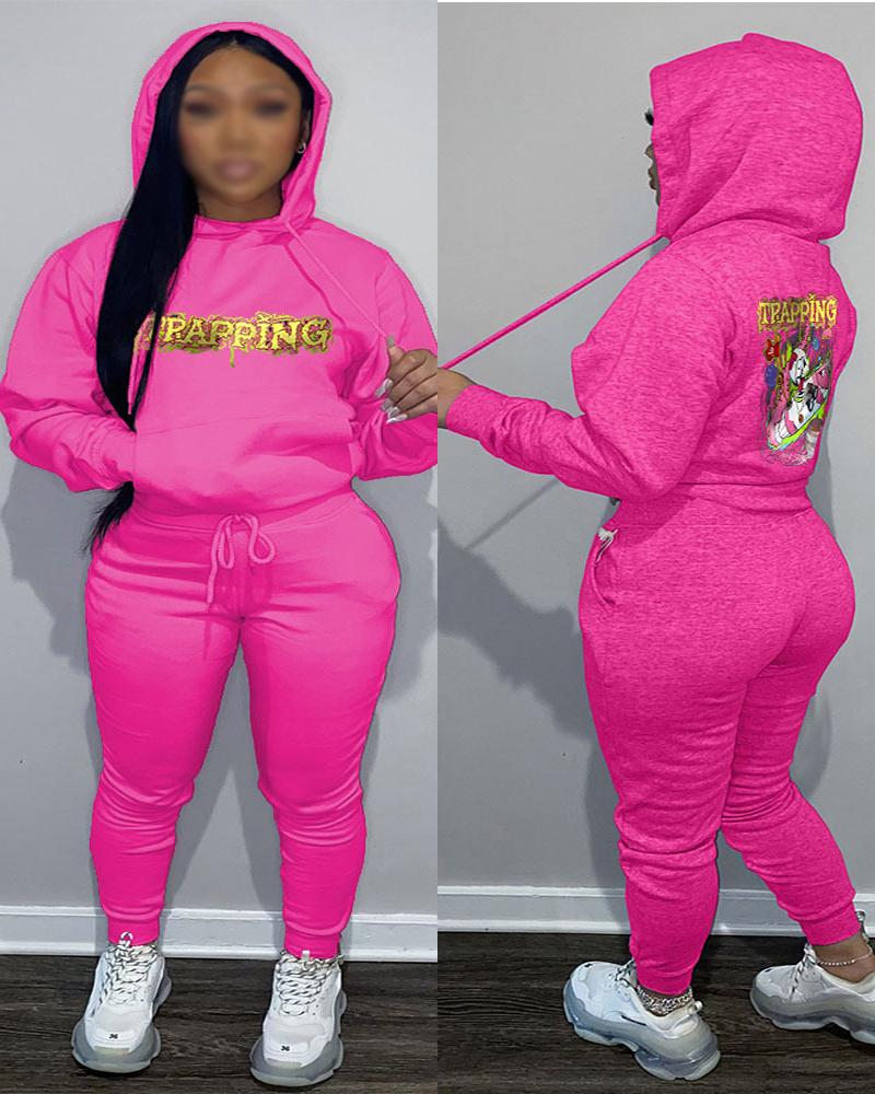 

Plus Size Letter Graphic Print Casual Hoodie & Pants Set, Hot pink