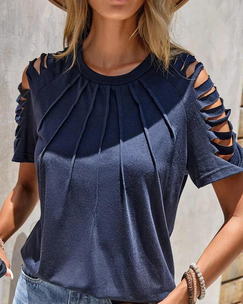 

Ladder Cutout Ruched Casual T-shirt, Blue