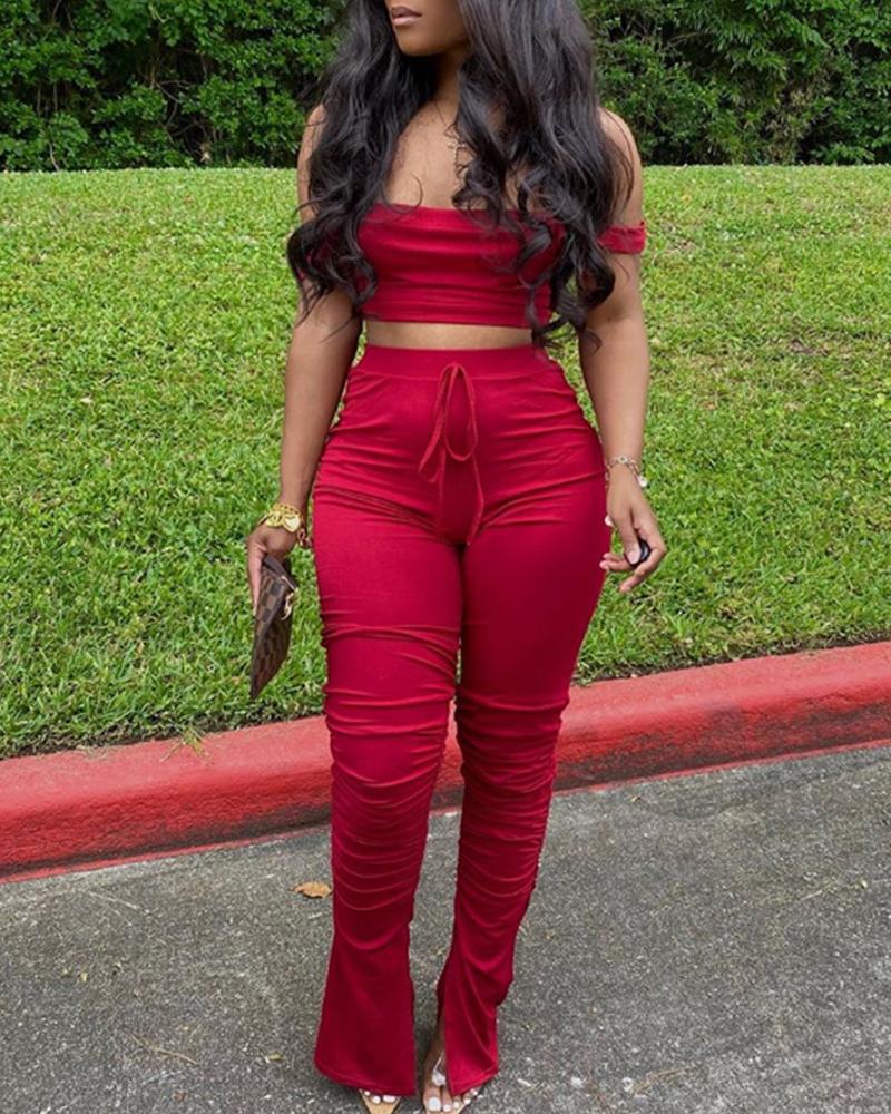 

Off Shoulder Crop Top & Bootcut Pants Set, Red