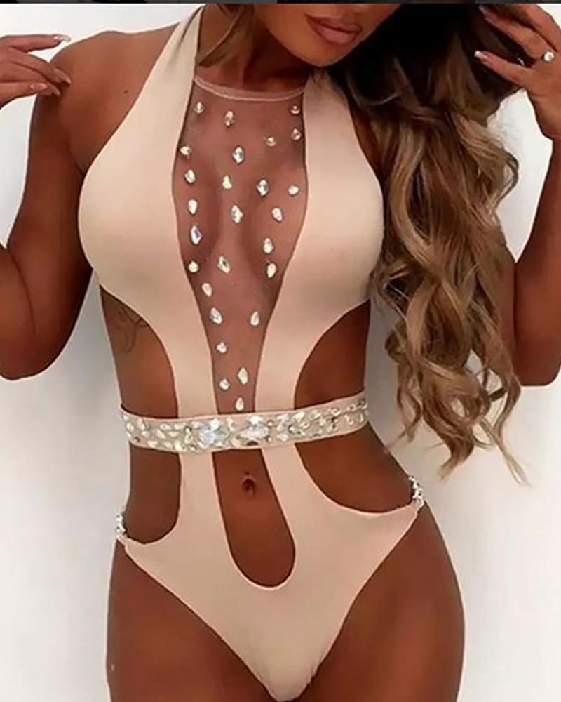 

Sheer Mesh Studded One Piece Swimsuit, Pink