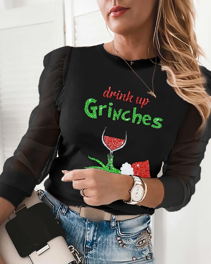 

Christmas Grinches Letter Wine Glass Print Sheer Mesh Puffed Sleeve Top, Black