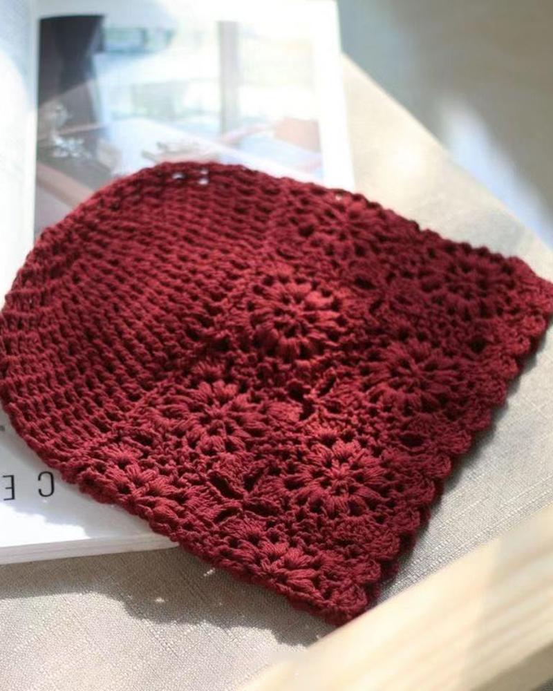 

Crochet Knitted Hollow Out Hat, Wine red