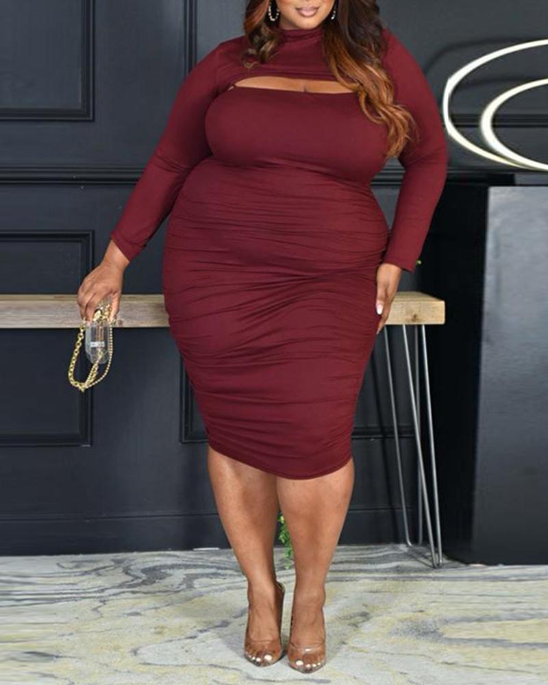 

Plus Size Spaghetti Strap Ruched Bodycon Dress With Crop Top, Wine red