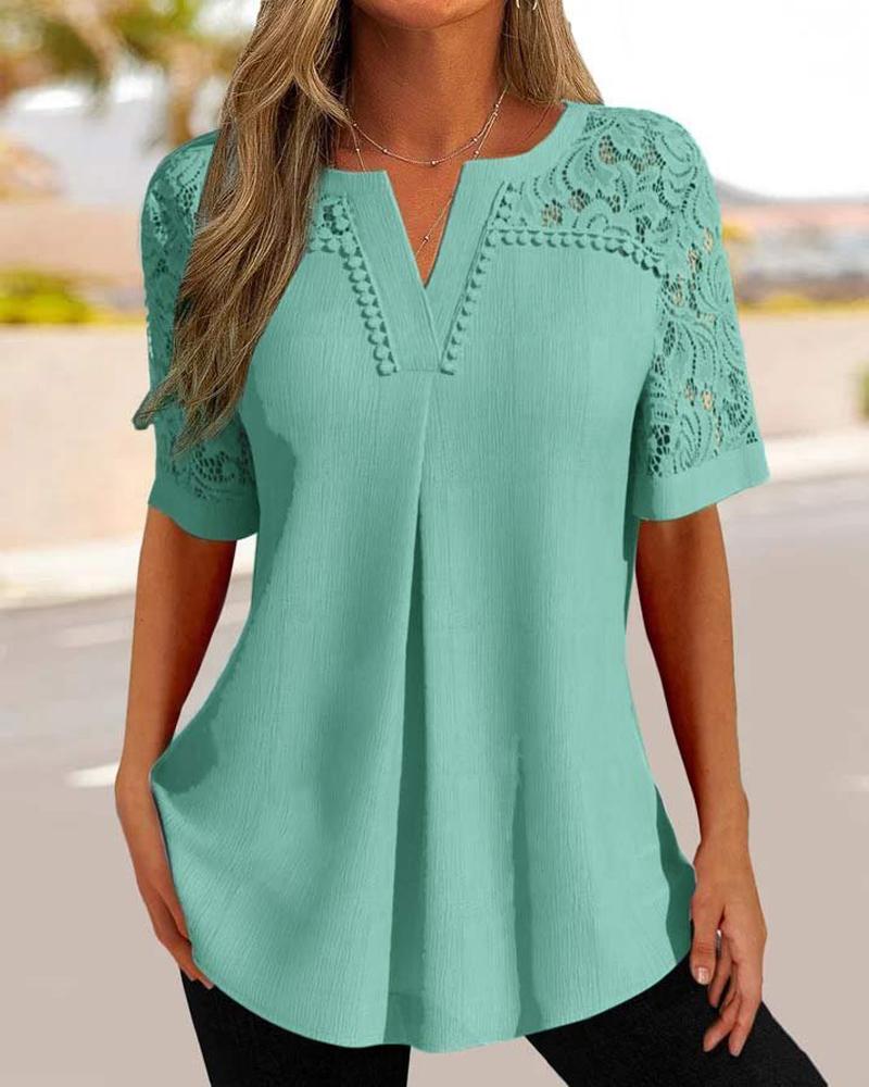 

Lace Patch Ruched Notch Neck Top, Green