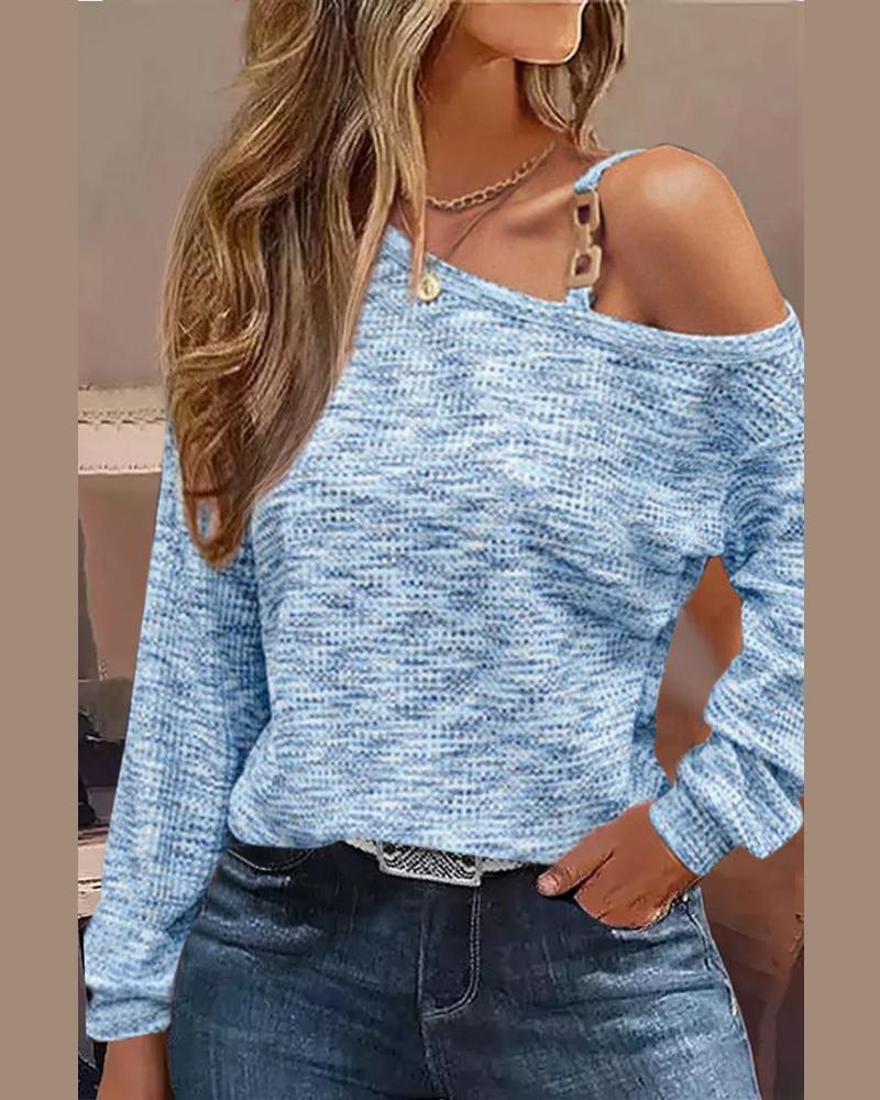

Allover Print Cold Shoulder Chain Decor Top, Blue