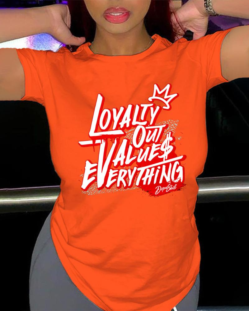 

Plus Size Loyalty Out Values Everything Print T-shirt Graphic Tee, Orange
