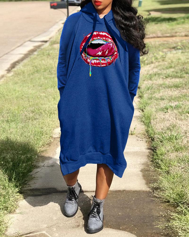 

Lip Print Split Hem Drawstring Hooded Sweatshirt Dress, Blue