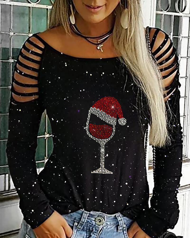 

Christmas Wine Glass Print Cold Shoulder Glitter Top, Black