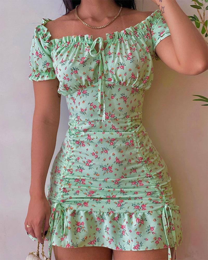 

Ruffle Hem Drawstring Shirred Ditsy Floral Print Dress, Green