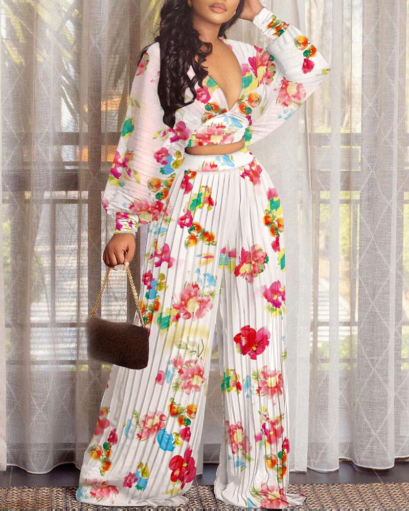 

V-Neck Lantern Sleeve Crop Top & Pleated Wide Leg Pants Sets, White