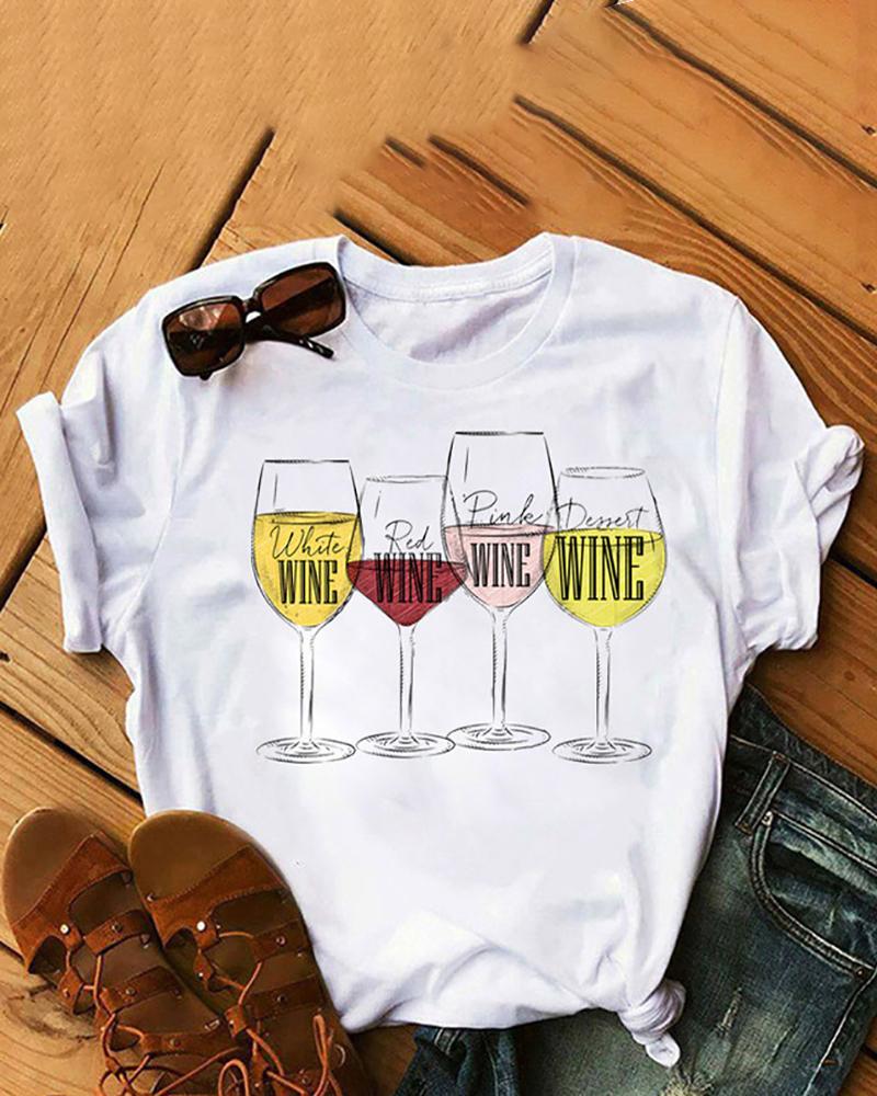 

Wine Glass Print Short Sleeve Casual T-shirt, Style2