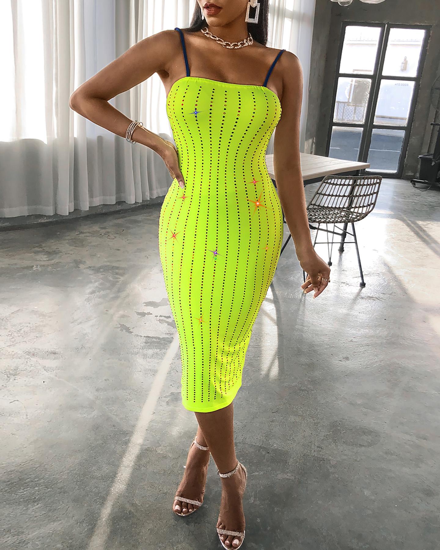 

Studded Spaghetti Strap Slit Party Dress, Green