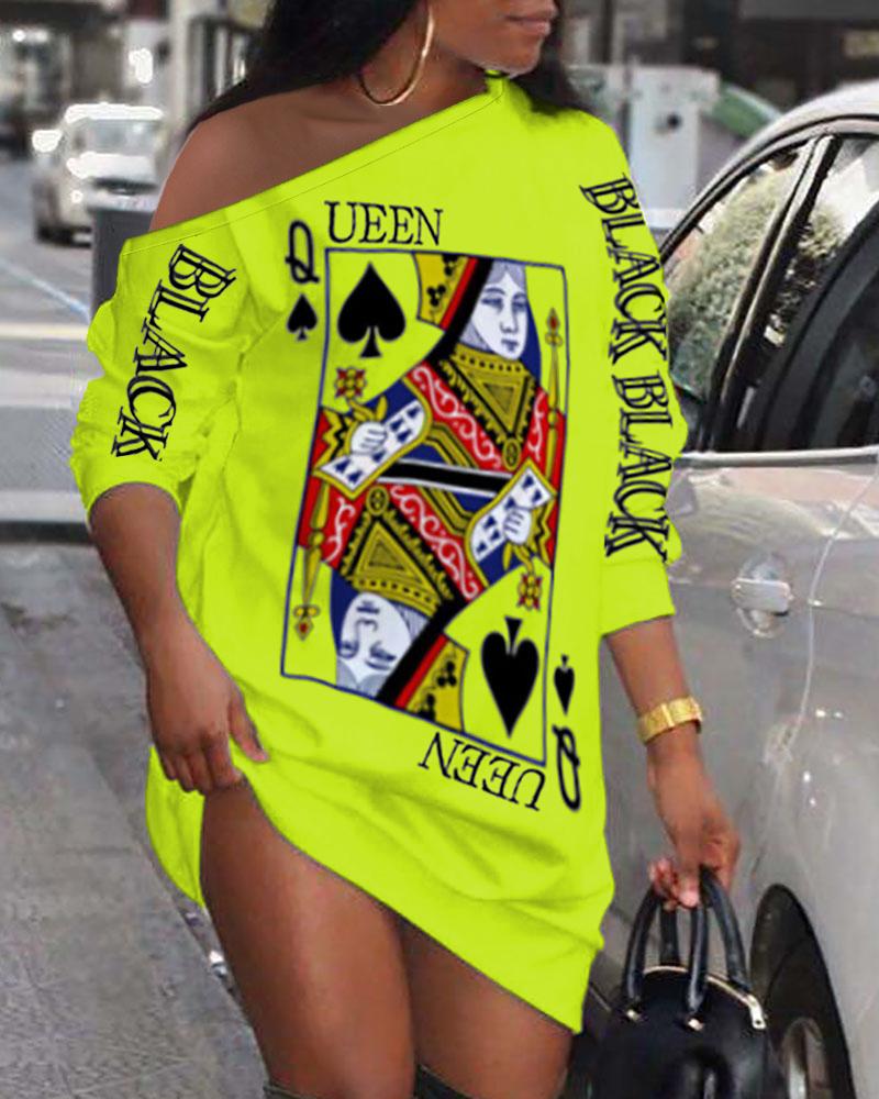 

Poker Letter Print Long Sleeve Casual Dress, Lvs green