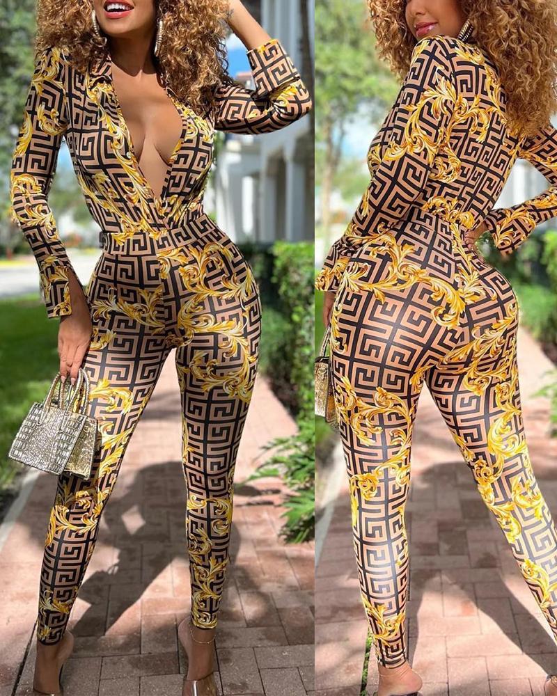 

Geometric Baroque Print Long Sleeve Jumpsuit, Multicolor