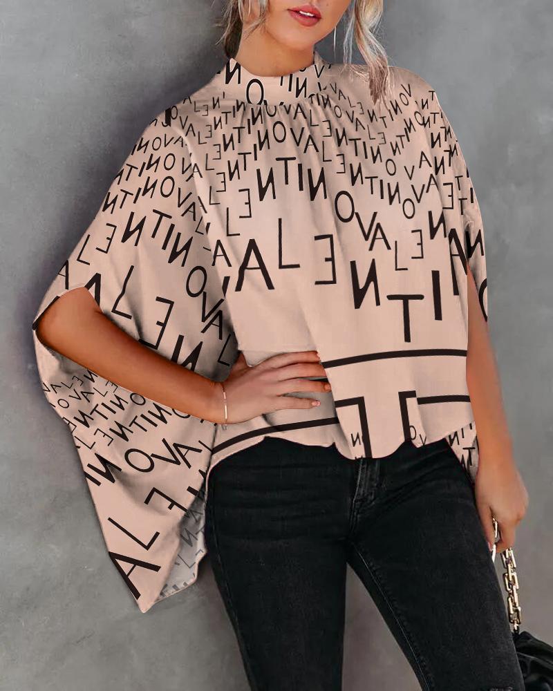 

Letter Print Batwing Sleeve Casual Top, Khaki