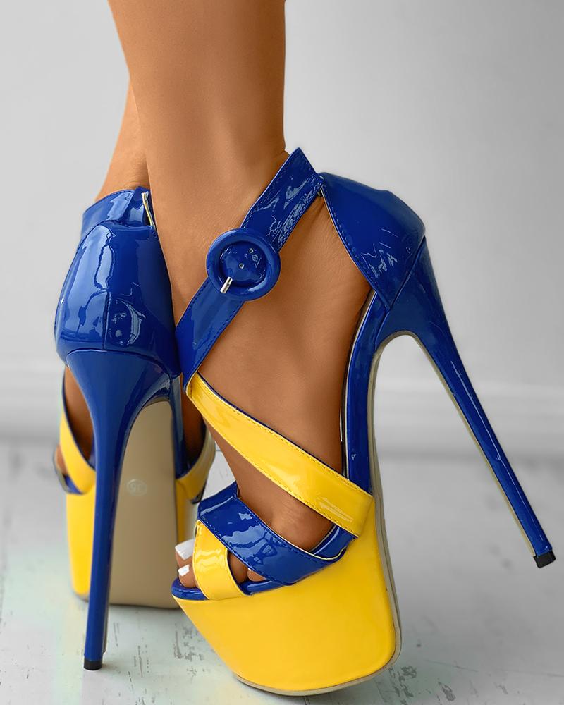 

Buckled Colorblock Bandage Cutout Stiletto Heels, Blue