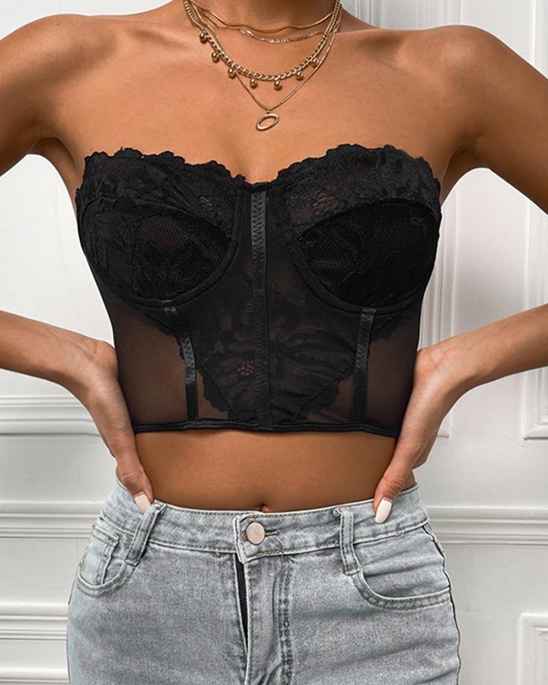 

Sheer Mesh Crochet Lace Bandeau Crop Top, Black