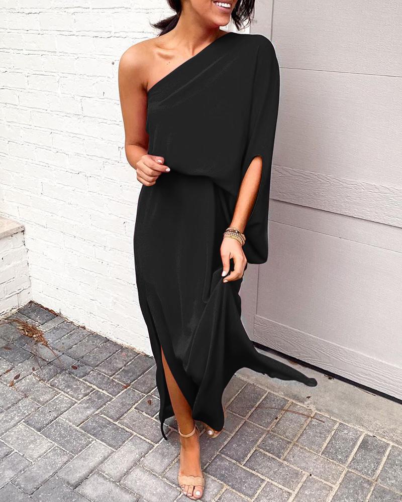 

Plain One Shoulder Slit Dress, Black