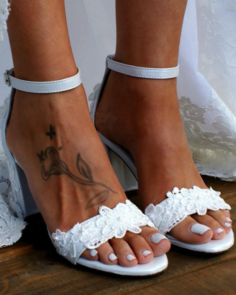 

Lace Floral Pattern Ankle Strap Chunky Heels Wedding Guest Shoes, White