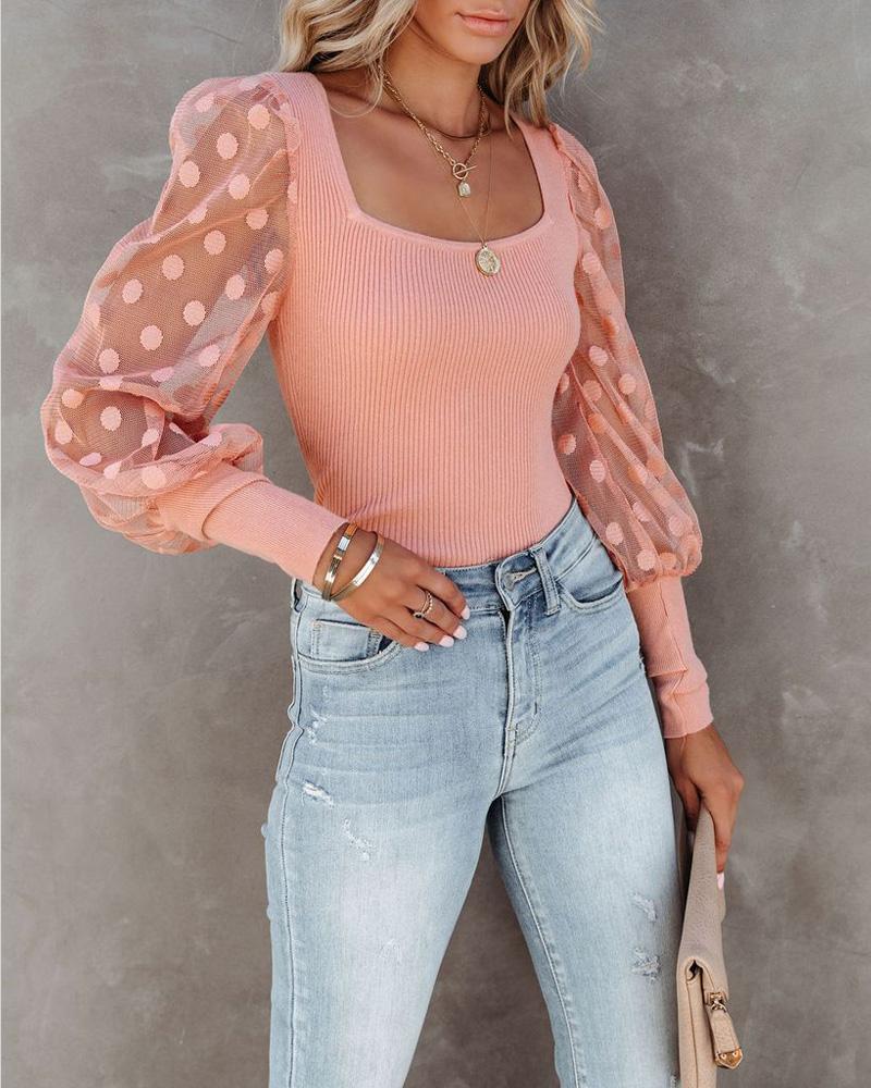 

Contrast Mesh Polka Dot Lantern Sleeve Ribbed Top, Orange