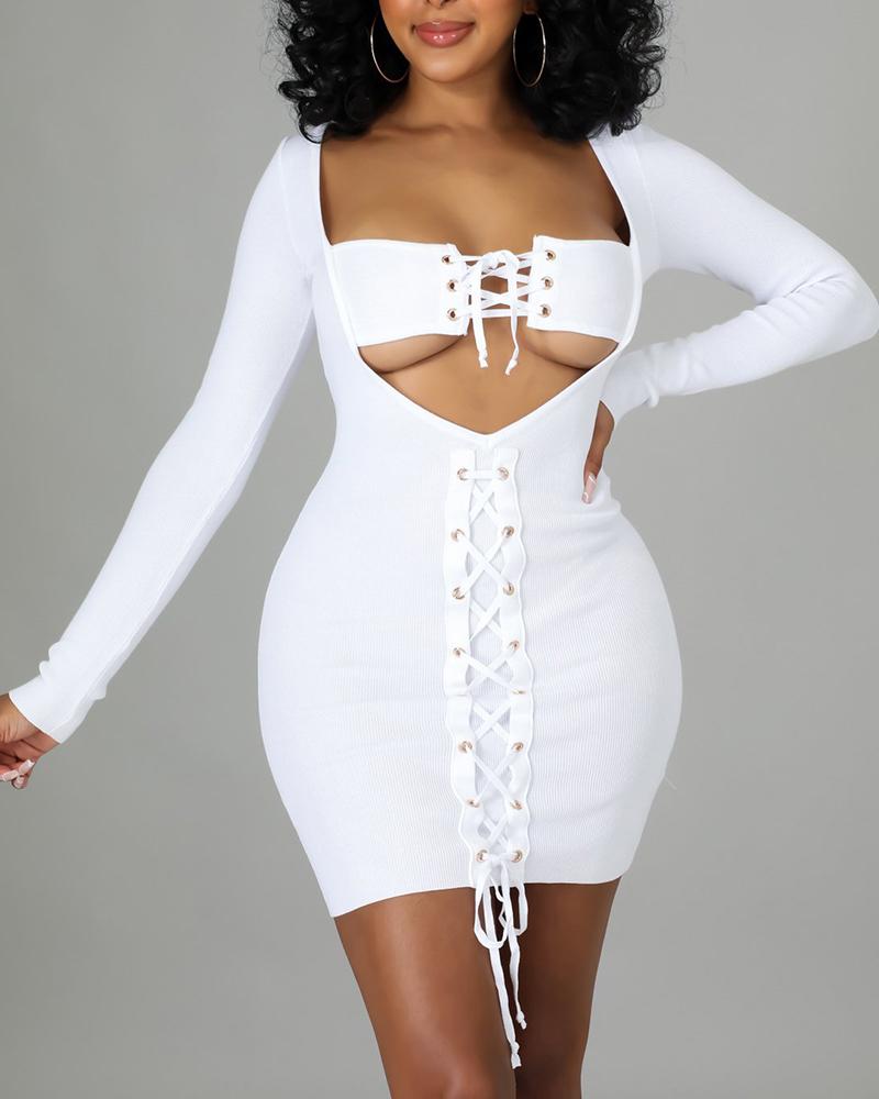 

Cutout Lace-up Long Sleeve Bodycon Dress, White