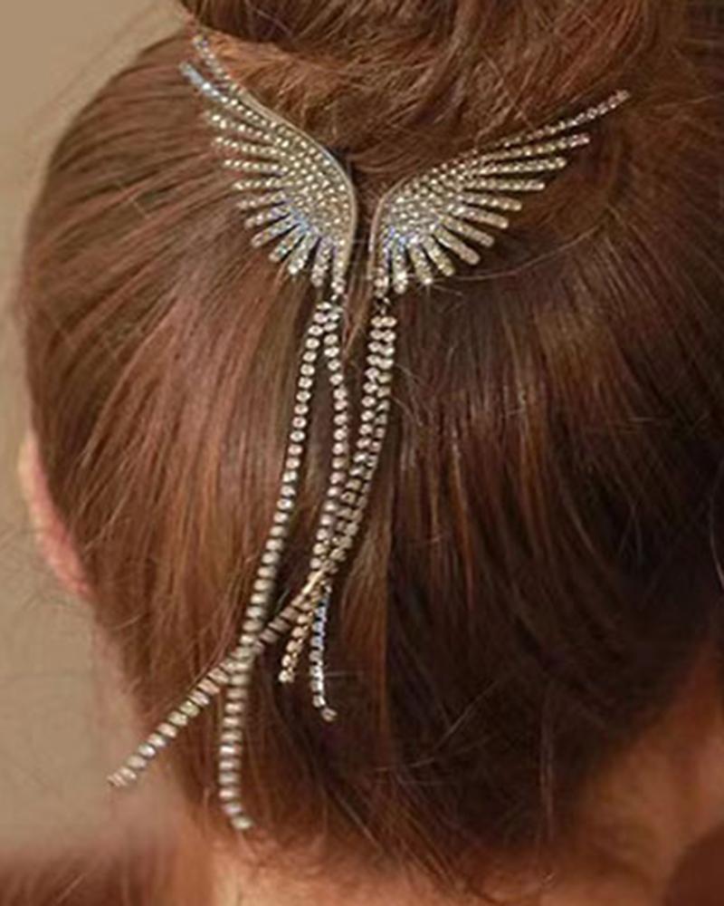 

1pc Rhinestone Angel Wings Tassel Hair Clip, Black