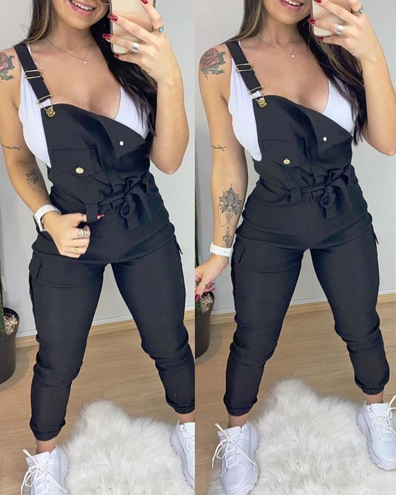 

Pocket Design Plain Suspender Jumpsuit, Black