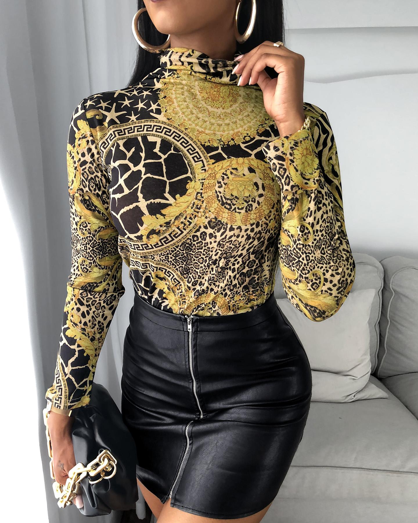 

Colorblock Scarf Print High Neck Long Sleeve Blouse, Yellow