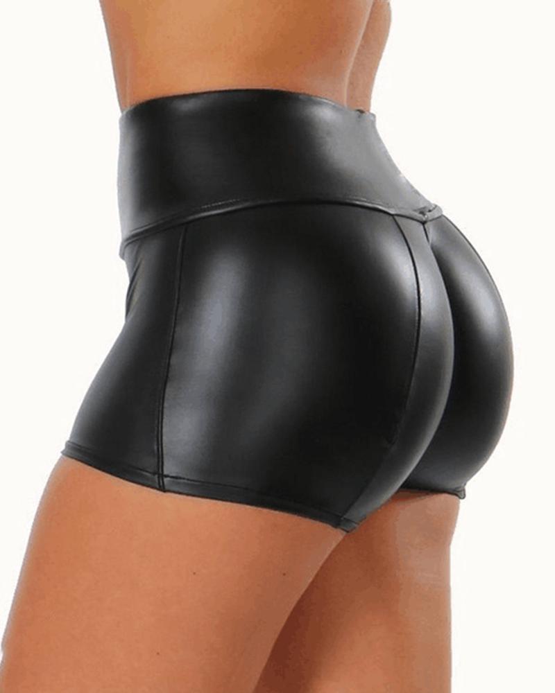 

Solid Color Leather Fit Short Pants, Black