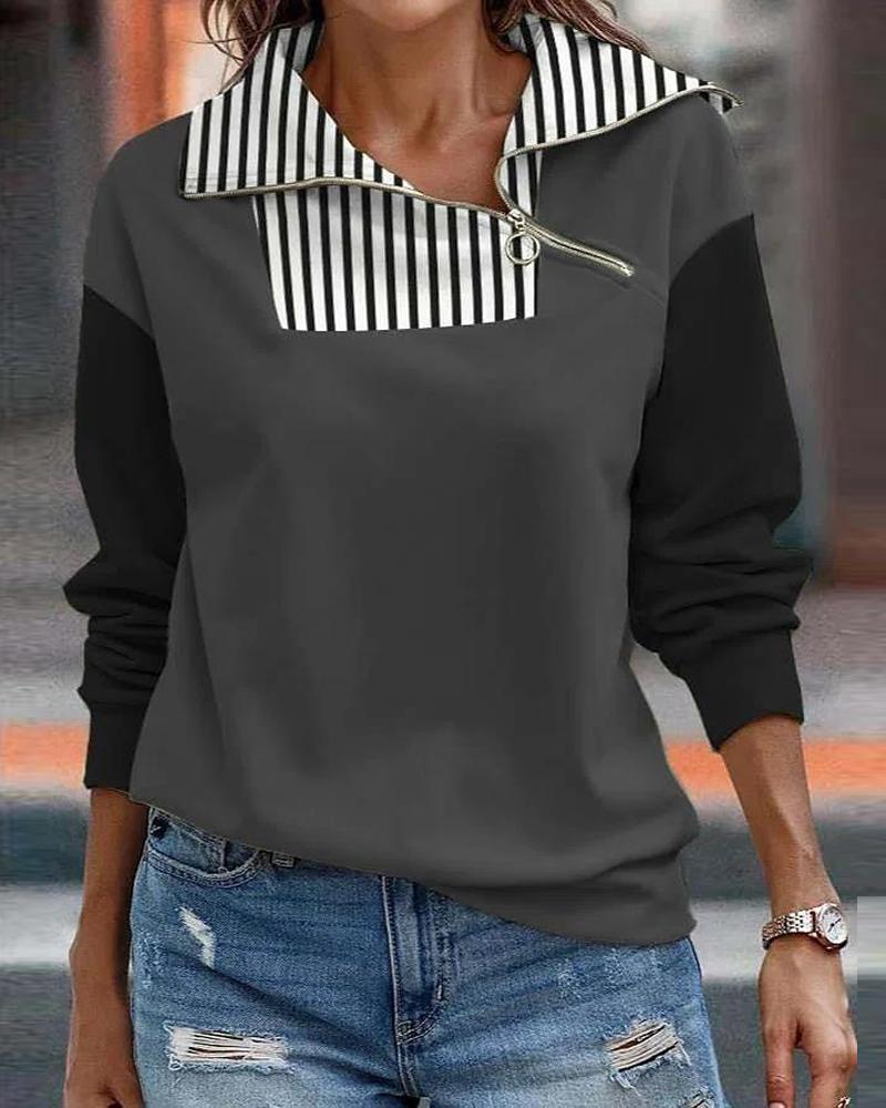 

Striped Print Colorblock Zip Detail Long Sleeve Top, Gray