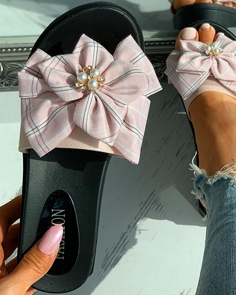 

Plaid Bowknot Decor Beaded Flat Sandals, Pink